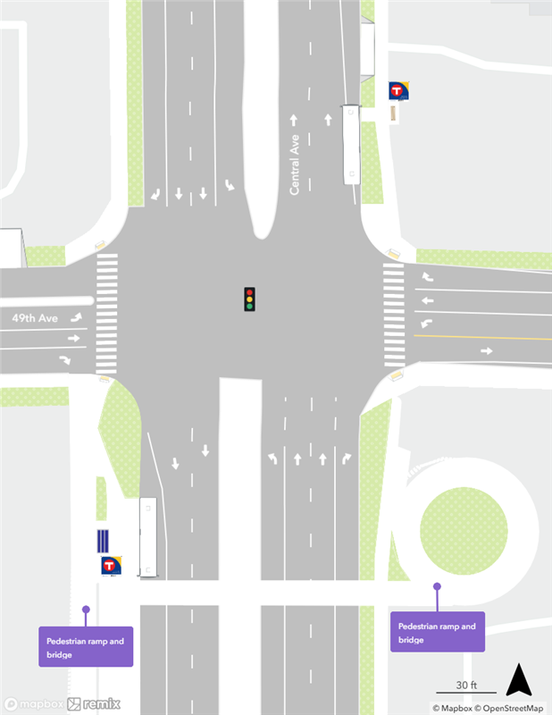 Map of existing conditions at the Central & 49th Avenue Station area.