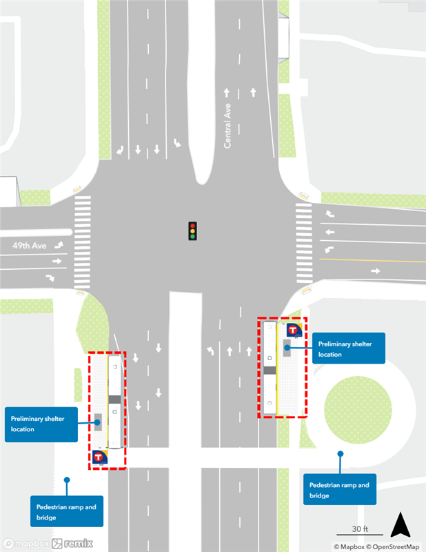 Map of proposed Central & 49th Avenue Station plan. Northbound curbside platform proposed nearside of 49th Avenue. Southbound curbside platform proposed farside of 49th Avenue.