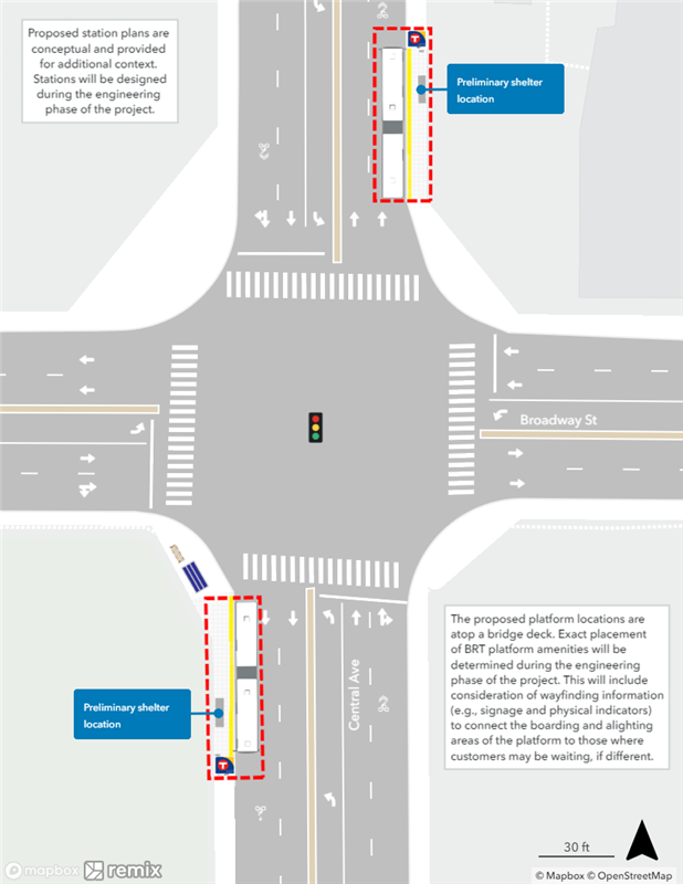 Map of proposed Central & Broadway Station plan. Northbound curbside platform proposed farside of Broadway. Southbound curbside platform proposed farside of Broadway.