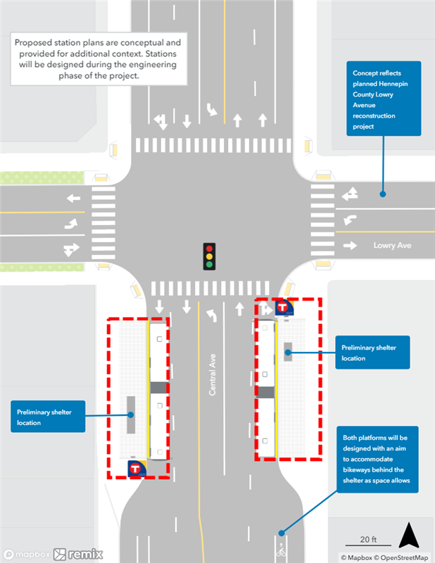 Map of proposed Central & Lowry Station plan. Northbound curbside platform proposed nearside of Lowry. Southbound curbside platform proposed farside of Lowry.