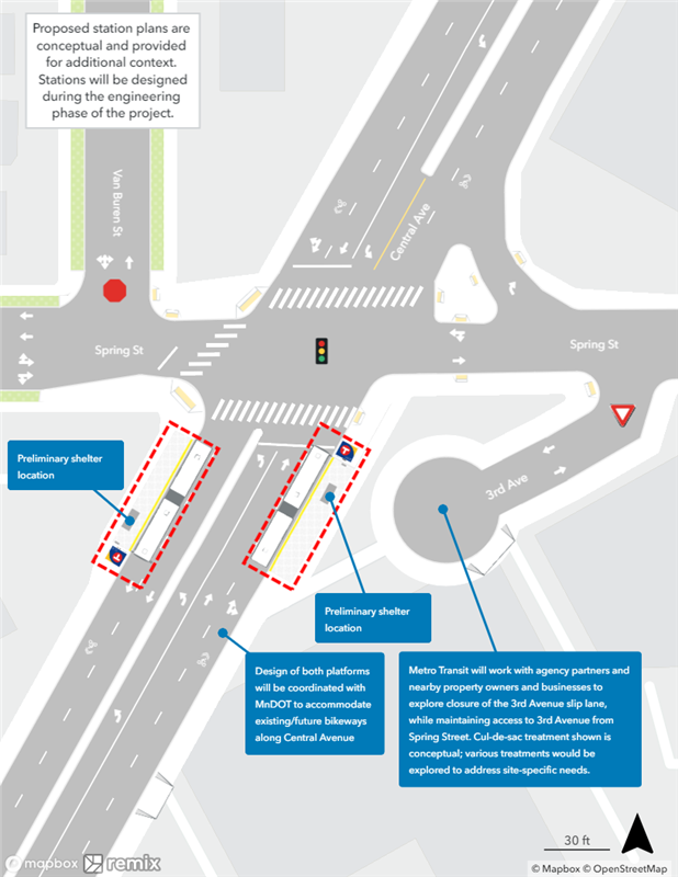 Map of proposed Central & Spring Station plan. Northbound curbside platform proposed nearside of Spring. Southbound curbside platform proposed farside of Spring.