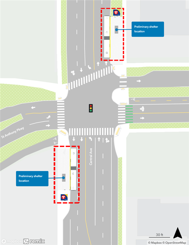 Map of proposed Central & St. Anthony Station plan. Northbound curbside platform proposed farside of St. Anthony. Southbound curbside platform proposed farside of St. Anthony.