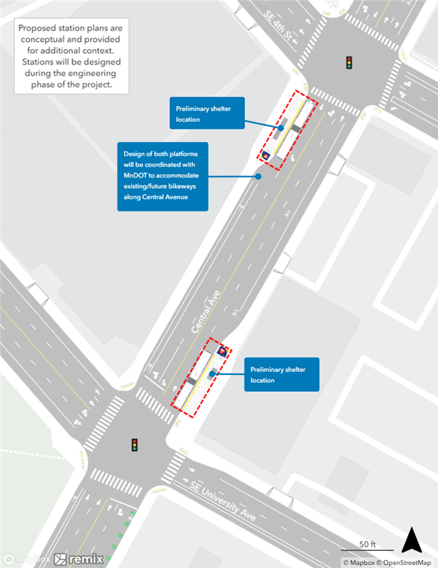 Map of proposed Central & University Avenue/4th Street Station plan. Northbound curbside platform proposed farside of University Avenue. Southbound curbside platform proposed farside of 4th Street.