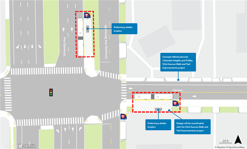 Map of proposed University & 53rd Avenue Station plan. Northbound curbside platform proposed on University farside of 53rd Avenue. Southbound curbside platform proposed on 53rd Avenue farside of University.