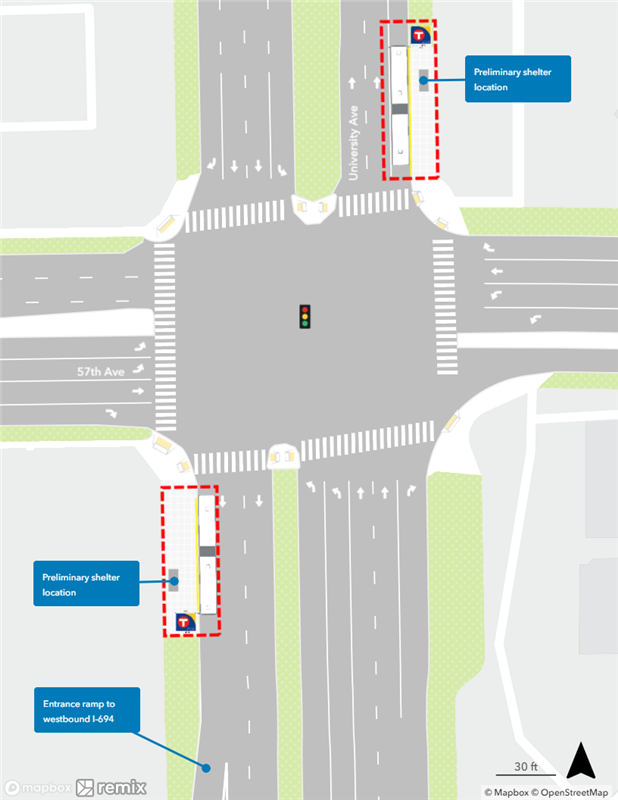 Map of proposed University & 57th Avenue Station plan. Northbound curbside platform proposed farside of 57th Avenue. Southbound curbside platform proposed farside of 57th Avenue.