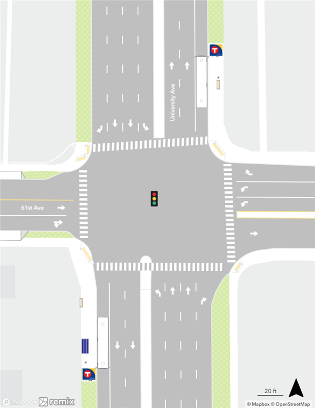 Map of existing conditions at the University & 61st Avenue Station area.