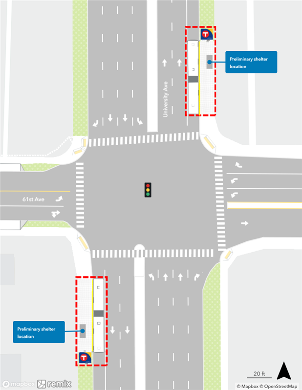 Map of proposed University & 61st Avenue Station plan. Northbound curbside platform proposed farside of 61st Avenue. Southbound curbside platform proposed farside of 61st Avenue.