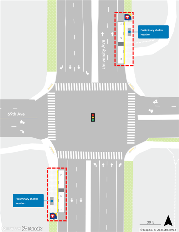 Map of proposed University & 69th Avenue Station plan. Northbound curbside platform proposed farside of 69th Avenue. Southbound curbside platform proposed farside of 69th Avenue.