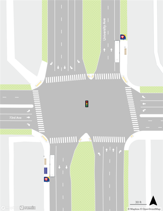 Map of existing conditions at the University & 73rd Avenue Station area.