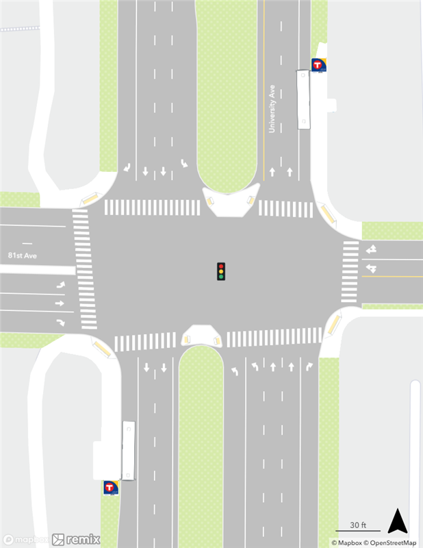 Map of existing conditions at the University & 81st Avenue Station area.