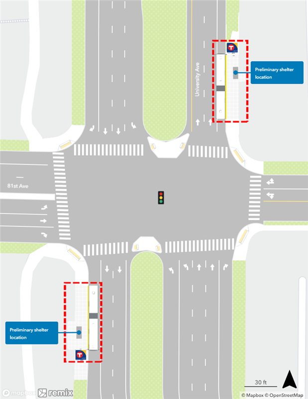 Map of proposed University & 81st Avenue Station plan. Northbound curbside platform proposed farside of 81st Avenue. Southbound curbside platform proposed farside of 81st Avenue.