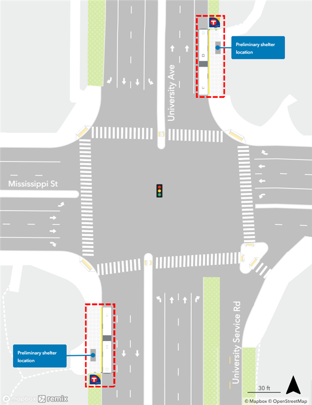 Map of proposed University & Mississippi Station plan. Northbound curbside platform proposed farside of Mississippi. Southbound curbside platform proposed farside of Mississippi.