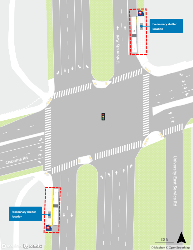 Map of proposed University & Osborne Avenue Station plan. Northbound curbside platform proposed farside of Osborne Avenue. Southbound curbside platform proposed farside of Osborne Avenue.