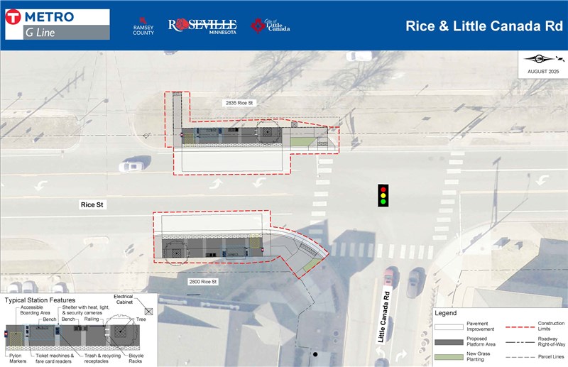 The design layout map of the proposed METRO G Line station at Rice Street and Little Canada Road, showing northbound and southbound platforms with shelters, ticket machines, benches, bicycle racks, and accessible boarding areas. The plan highlights feature such as curb ramps for wheelchair access, safety railings, lighting, and landscaping. Nearby streets, sidewalks, and traffic lanes are marked for orientation.