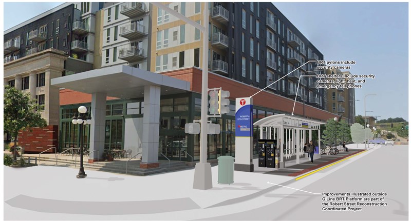 Rendering of the proposed METRO G Line station at Robert & 10th Street in Saint Paul, showing a modern shelter with seating, ticket machines, lighting, and streetscape improvements.