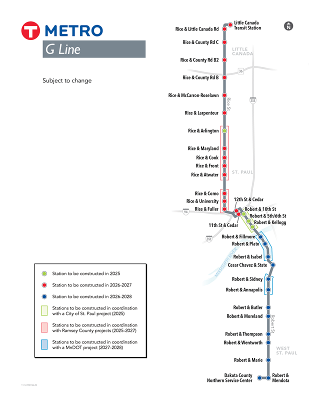Map of the G Line Corridor with finalized stations