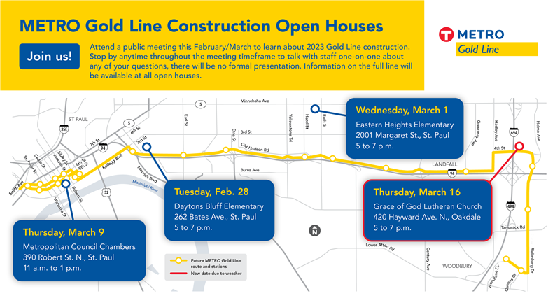 Open house graphic of event dates, times and locations