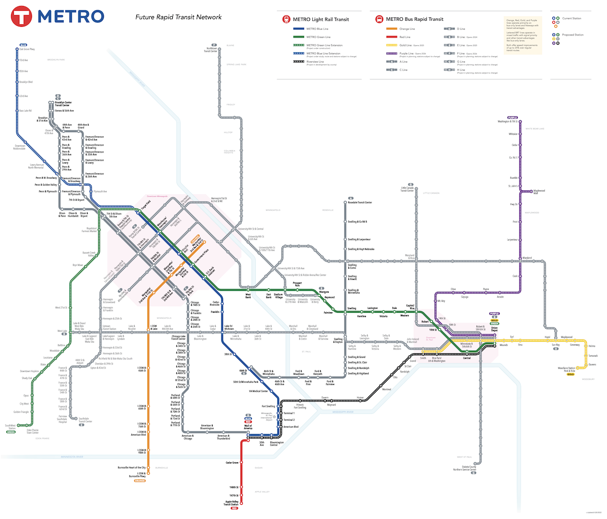 Map illustrating the future METRO network of light rail and bus rapid transit