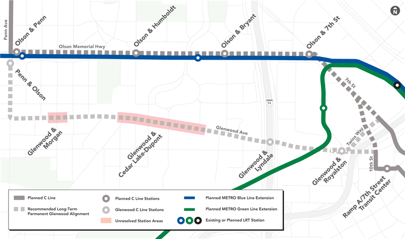 C Line Phase II Map showing final alignment along Glenwood Avenue