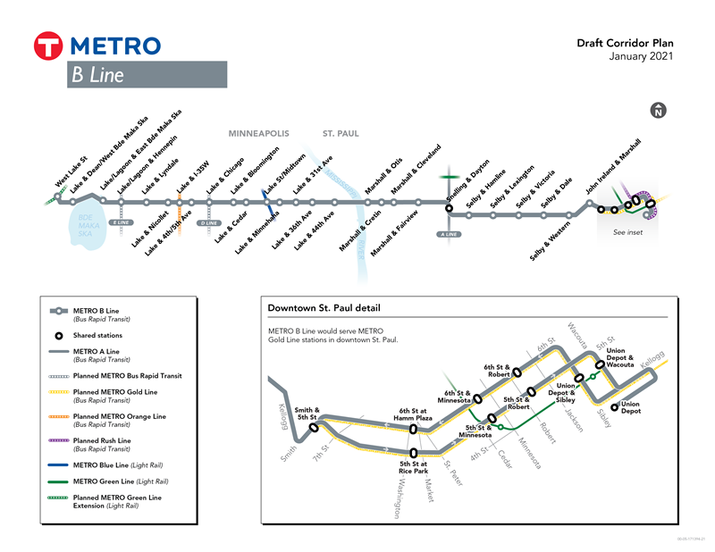 B Line map image showing route from West Lake Station to downtown St. Paul via Lake, Marshall, and Selby