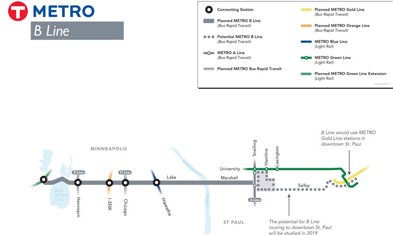 B Line map image showing route from West Lake Station to downtown St. Paul