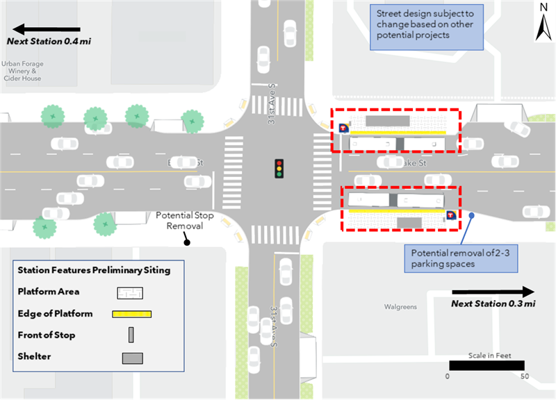 The proposed westbound platform is located at the northeast corner of the intersection of Lake Street and 31st Avenue. The proposed eastbound platform is located at the southeast corner of the intersection of Lake Street and 31st Avenue. Both platforms are proposed to be constructed with curb bumpouts. The westbound platform is not anticipated to result in any changes to on-street parking; however, the eastbound platform would result in the potential removal of 2 to 3 spaces. The next westbound and eastbound stations are located 0.4 miles and 0.3 miles away respectively.