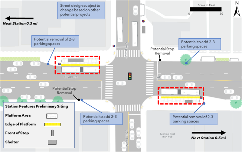The proposed westbound platform is located at the northwest corner of the intersection of Lake Street and 36th Avenue. The proposed eastbound platform is located at the southeast corner of the intersection of Lake Street and 36th Avenue. Both platforms are proposed to be constructed with curb bumpouts. Each platform would result in the potential removal of 2 to 3 parking spaces; however, the same number of parking spaces could potentially be added where buses currently stop. The next westbound and eastbound stations are located 0.3 miles and 0.5 miles away respectively.
