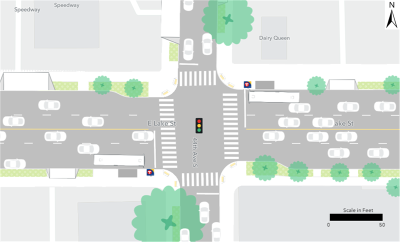 Existing Route 21 bus stops are located at the northeast and southwest corners of the intersection of Lake Street and 44th Avenue.