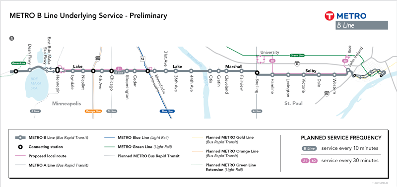 The B Line is proposed to provide 10-minute BRT service between West Lake Street Station in Minneapolis and Union Depot in St. Paul. Route 21 is proposed to provide 30-minute local service along Lake Street between Uptown Transit Station and Minnehaha Avenue. Route 60 is proposed to provide 30-minute local service along Selby Avenue providing connections between Snelling & University Station and Capitol/Rice Street Station. At its western end, Route 60 would operate along Hamline Avenue, University Avenue, Pascal Street, St. Anthony Avenue, and Snelling Avenue before returning east via University Avenue. At its eastern end, Route 60 would operate along John Ireland Boulevard, Marion Street, University Avenue, Rice Street, and Aurora Avenue before returning west.