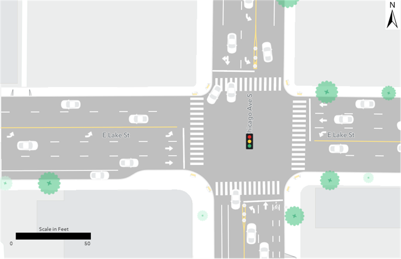 No existing bus stops are located at the intersection of Lake Street and Chicago Avenue (existing Route 21 buses stop at Chicago-Lake Transit Center).