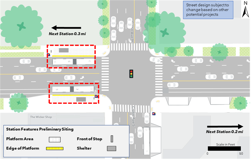 The proposed westbound platform is located at the northwest corner of the intersection of Marshall Avenue and Cretin Avenue. The proposed eastbound platform is located at the southwest corner of the intersection of Marshall Avenue and Cretin Avenue and is proposed to be constructed with a curb bumpout. No parking changes are proposed in either direction. The next westbound and eastbound stations are located 0.3 miles and 0.2 miles away respectively.