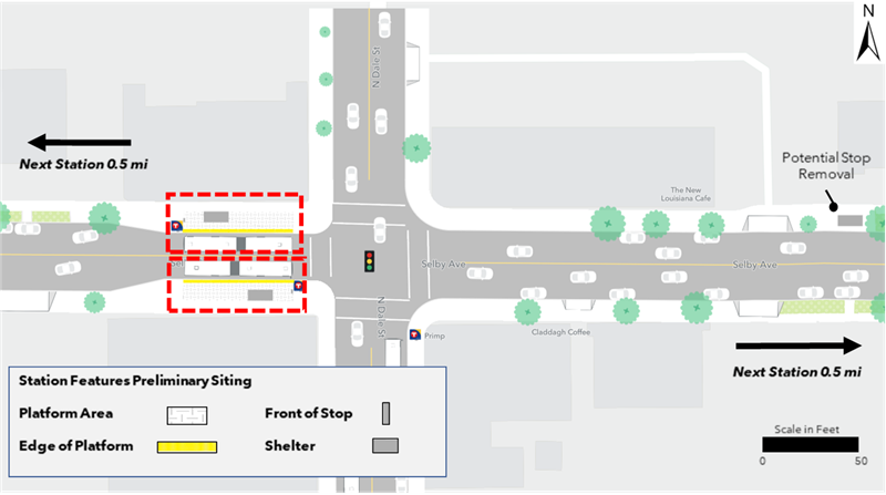 The proposed westbound platform has is located at the northwest corner of the intersection of Selby Avenue and Dale Street. The proposed eastbound platform is located at the southwest corner of the intersection of Selby Avenue and Dale Street. Both platforms are proposed to be constructed with curb bumpouts. No parking changes are proposed. The next westbound and eastbound stations are located 0.5 miles away.