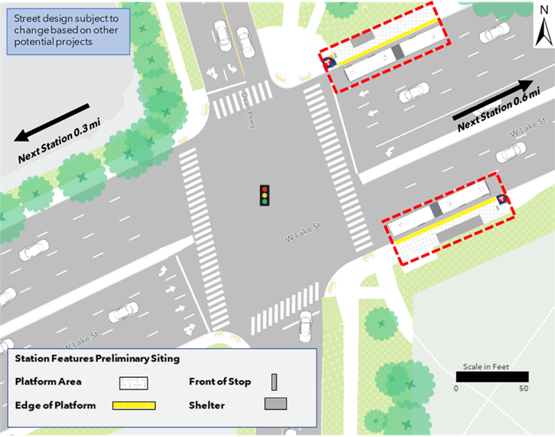 The proposed westbound platform is located at the northeast corner of the Lake Street and Dean Parkway intersection. The proposed eastbound platform is located at the southeast corner of the Lake Street and West Bde Maka Ska Parkway intersection. No parking changes are proposed. The next westbound and eastbound stations are located 0.3 miles and 0.6 miles away respectively.