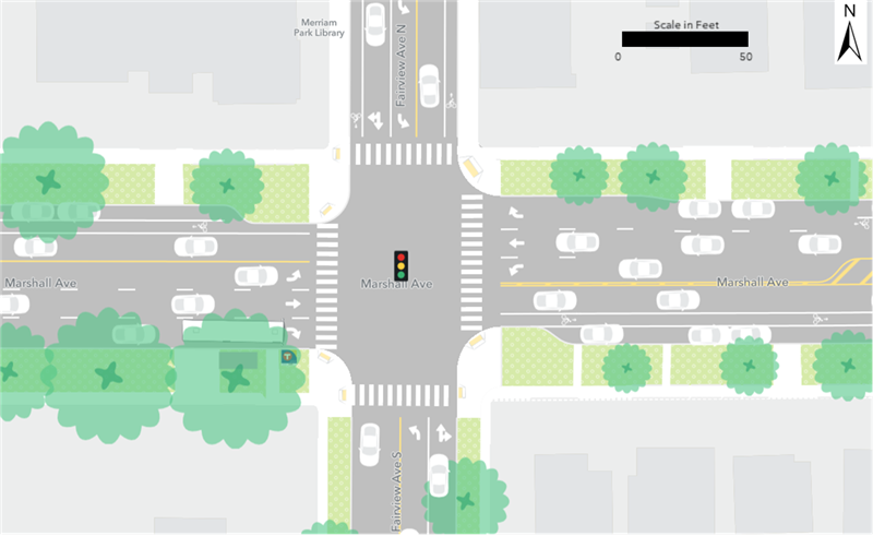 An existing Route 21 bus stop is located at the southwest corner of the intersection of Marshall Avenue and Fairview Avenue.