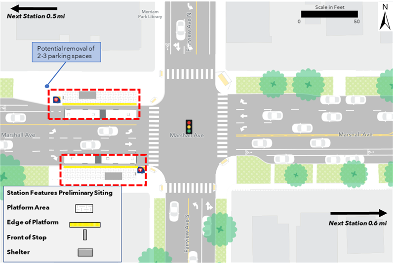 The proposed westbound platform is located at the northwest corner of the intersection of Marshall Avenue and Fairview Avenue and is proposed to be constructed with a curb bumpout. The proposed eastbound platform is located at the southwest corner of the intersection of Marshall Avenue and Fairview Avenue. The eastbound platform is not anticipated to result in any changes to on-street parking; however, the westbound platform would result in the potential removal of 2 to 3 spaces. The next westbound and eastbound stations are located 0.5 miles and 0.6 miles away respectively.