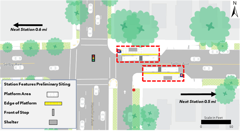 The proposed westbound platform is located at the northeast corner of the intersection of Selby Avenue and Hamline Avenue. The proposed eastbound platform is located at the southeast corner of the intersection of Selby Avenue and Hamline Avenue. Both platforms are proposed to be constructed with curb bumpouts. No parking changes are proposed either direction. The next westbound and eastbound stations are located 0.6 miles and 0.5 miles away respectively.