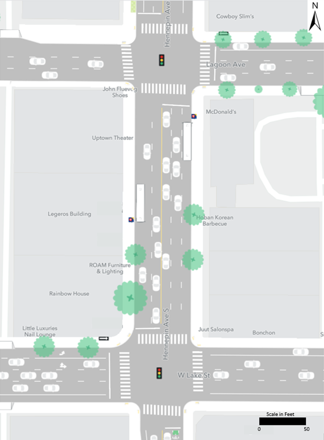 No existing bus stops are located along Lake Street or Lagoon Avenue at the intersection of Hennepin Avenue (existing Route 21 buses stop at Uptown Transit Station).