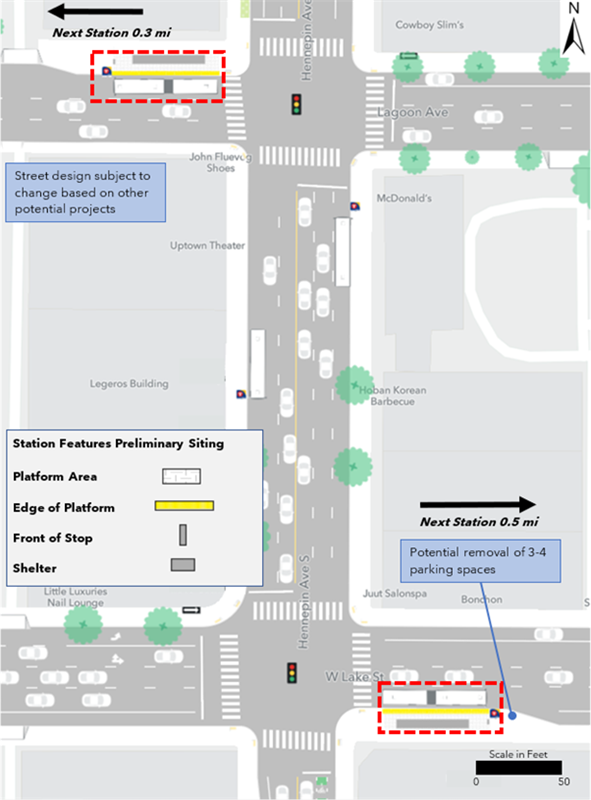The proposed westbound platform is located at the northwest corner of the intersection of Lagoon Avenue and Hennepin Avenue. The proposed eastbound platform is located at the southeast corner of the intersection of Lake Street and Hennepin Avenue. Both platforms are proposed to be constructed with curb bumpouts. The westbound platform is not anticipated to result in any changes to on-street parking; however, the eastbound platform would result in the potential removal of 3 to 4 spaces. The next westbound and eastbound stations are located 0.3 miles and 0.5 miles away respectively.