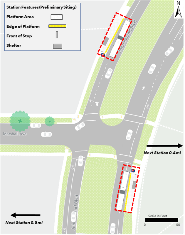 The proposed westbound platform is located at the northwest corner of the intersection of John Ireland Boulevard and Marshall Avenue. The proposed eastbound platform is located at the southeast corner of the intersection of John Ireland Boulevard and Marshall Avenue. No parking changes are proposed. The next westbound and eastbound stations are 0.5 and 0.4 miles away respectively.
