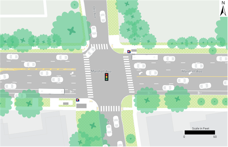 Existing Route 21 bus stops are located at the northeast and southwest corners of the intersection of Marshall Avenue and Otis Avenue.