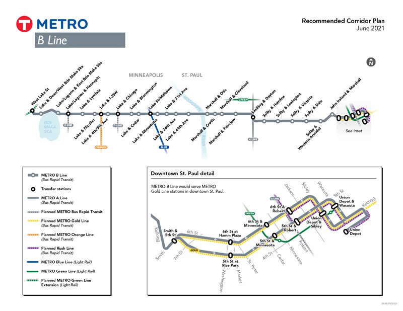 B Line route alignment showing station locations and connecting transitway routes. From west to east, beginning in Minneapolis, stations are identified on Lake Street at West Lake Street Station (connecting to the planned METRO Green Line Extension), Dean Parkway/West Bde Maka Ska Parkway, East Bde Maka Ska Parkway, Hennepin Avenue, Lyndale Avenue, Nicollet Avenue, I-35W & Lake Street Station (connecting to the planned METRO Orange Line), 4th/5th Avenue, Chicago Avenue (connecting to the planned D Line), Bloomington Avenue, Cedar Avenue, Lake Street/Midtown Station (connecting to the METRO Blue Line), Minnehaha Avenue, 31st Avenue, 36th Avenue, and 44th Avenue. In St. Paul, stations are identified on Marshall Avenue at Otis Avenue, Cretin Avenue, Cleveland Avenue, and Fairview Avenue. The B Line then turns down Snelling Avenue stopping at Snelling & Dayton Station (connecting to the METRO A Line) before turning onto Selby Avenue and continuing east. Stations are identified on Selby Avenue at Hamline Avenue, Lexington Parkway, Victoria Street, Dale Street, Western Avenue-Arundel Street, and on John Ireland Boulevard at Marshall Avenue. In downtown St. Paul, stations are located at Smith Avenue, Rice Park/Hamm Plaza, Minnesota Street (connecting to the METRO Green Line), Robert Street, and Union Depot. The B Line would serve planned METRO Gold Line stations in downtown St. Paul.