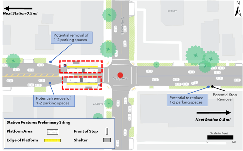 The proposed westbound platform is located at the northwest corner of the intersection of Selby Avenue and Victoria Street. The proposed eastbound platform is located at the southwest corner of the intersection of Selby Avenue and Victoria Street. Both platforms are proposed to be constructed with curb bumpouts. Each platform would result in the potential removal of 1 to 2 parking spaces. The next westbound and eastbound stations are located 0.5 miles away.