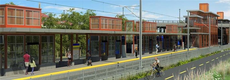 Rendering of West Lake Street Station showing the light rail platform with the proposed B Line station on the Lake Street bridge deck level in the background.