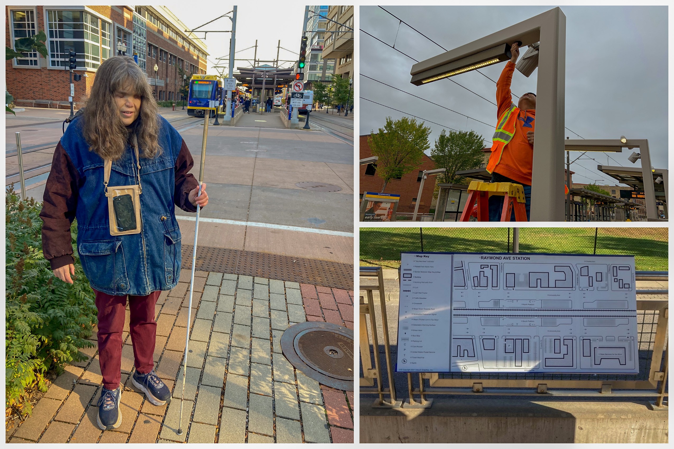 Sheila Enerson at a light rail station using the Aira app, beacons being installed at the Raymond Avenue Station and a tactile map at the Raymond Avenue Station.