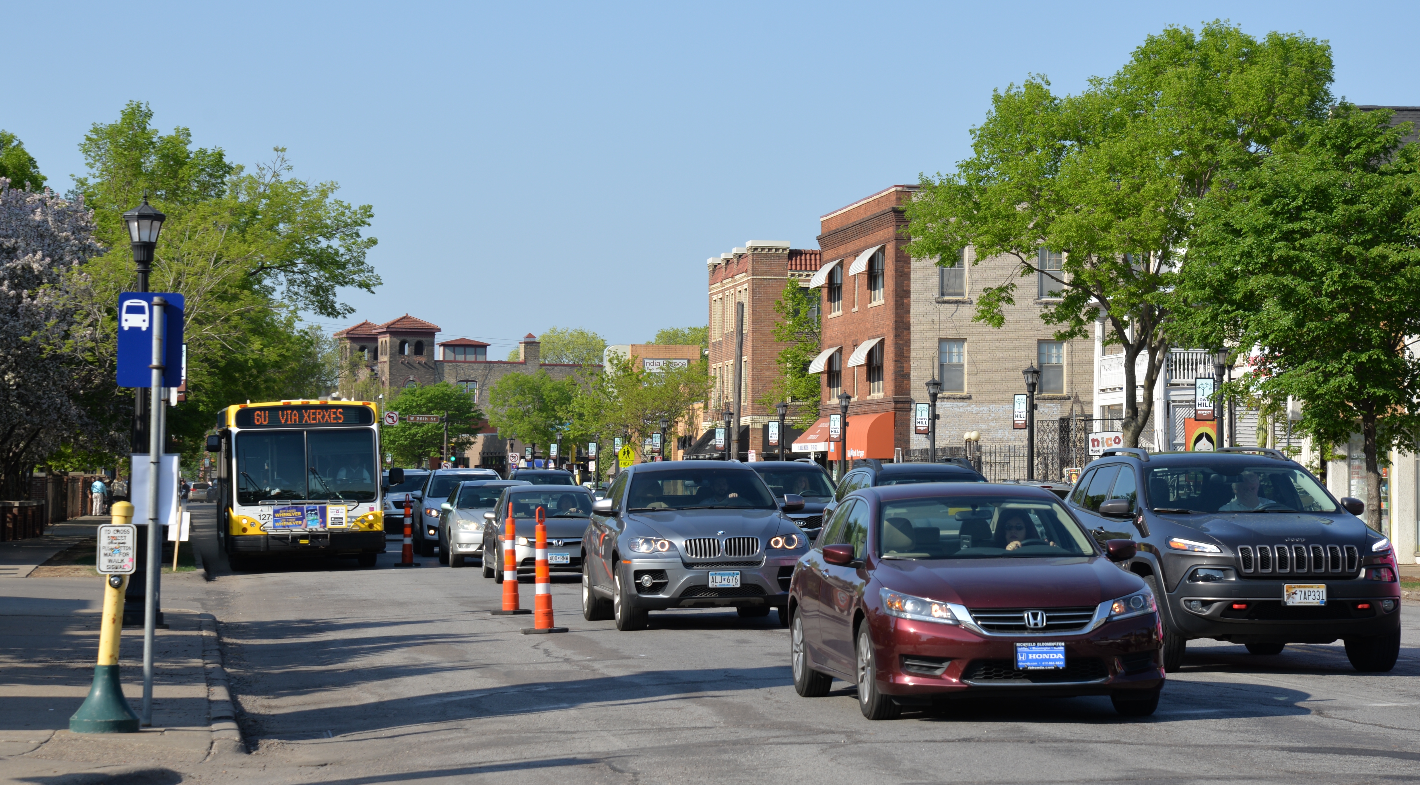 A southbound Route 6 bus rolled past traffic during the morning rush hour on Wednesday, May 16. Bus-only lanes were created on sections of southbound and northbound Hennepin Avenue for three days to test their impact on travel times, reliability and traffic. 