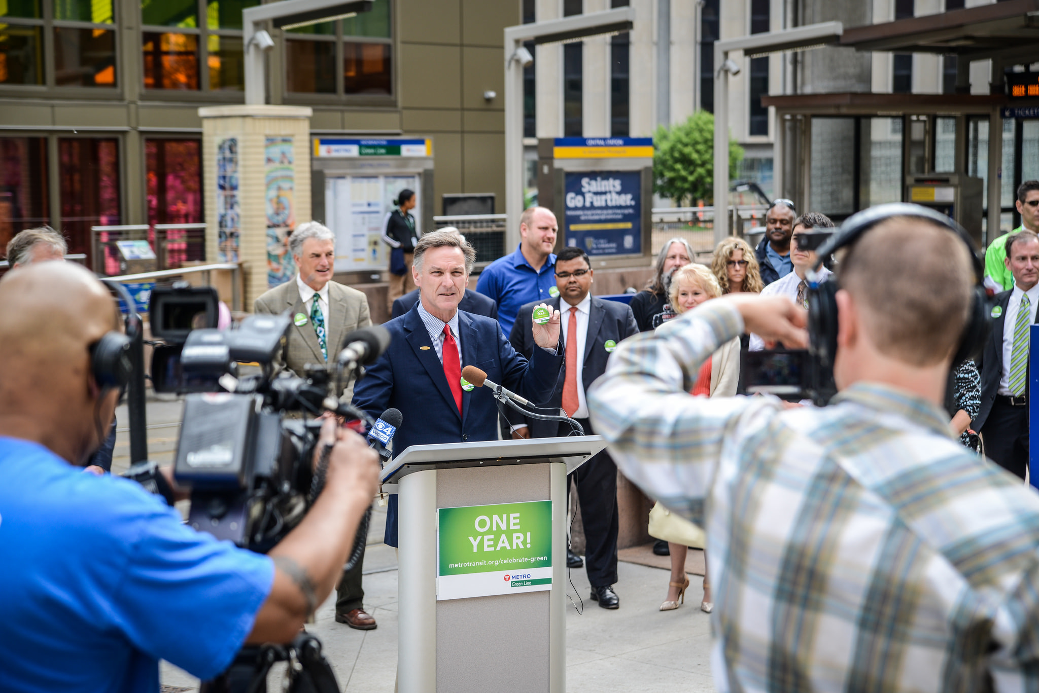 Metro Transit General Manager Brian Lamb at Central Station, celebrating the Green Line's one-year anniversary.