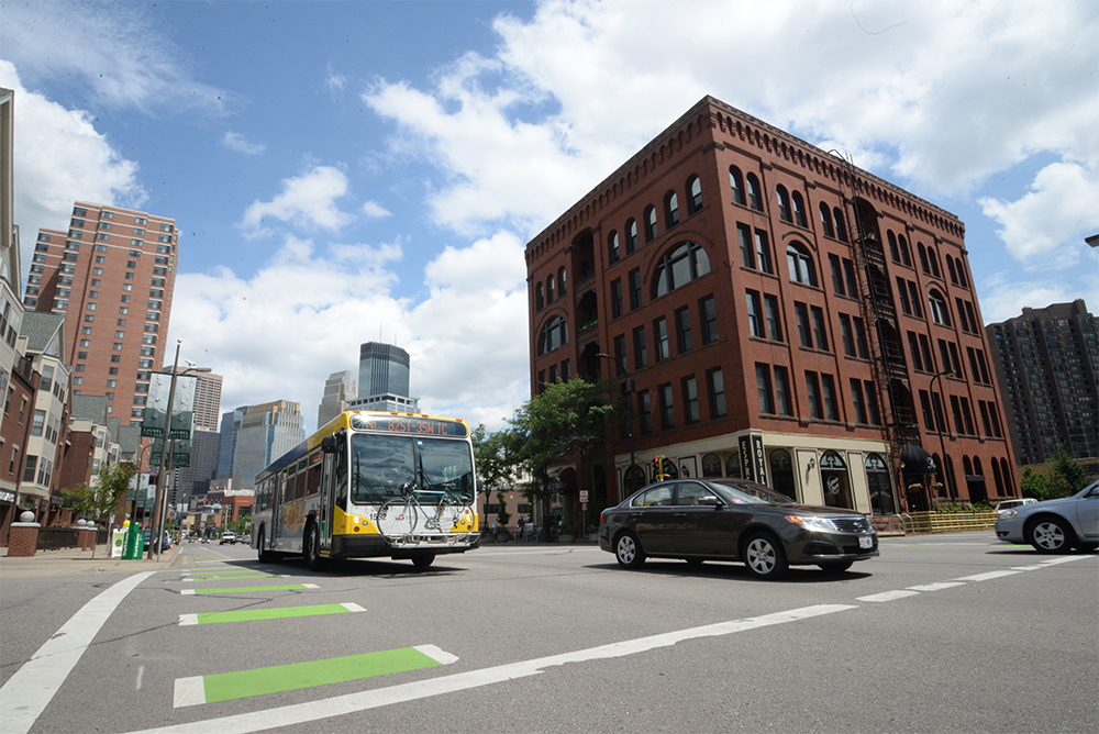 A Route 4 bus on Hennepin Avenue in downtown Minneapolis.