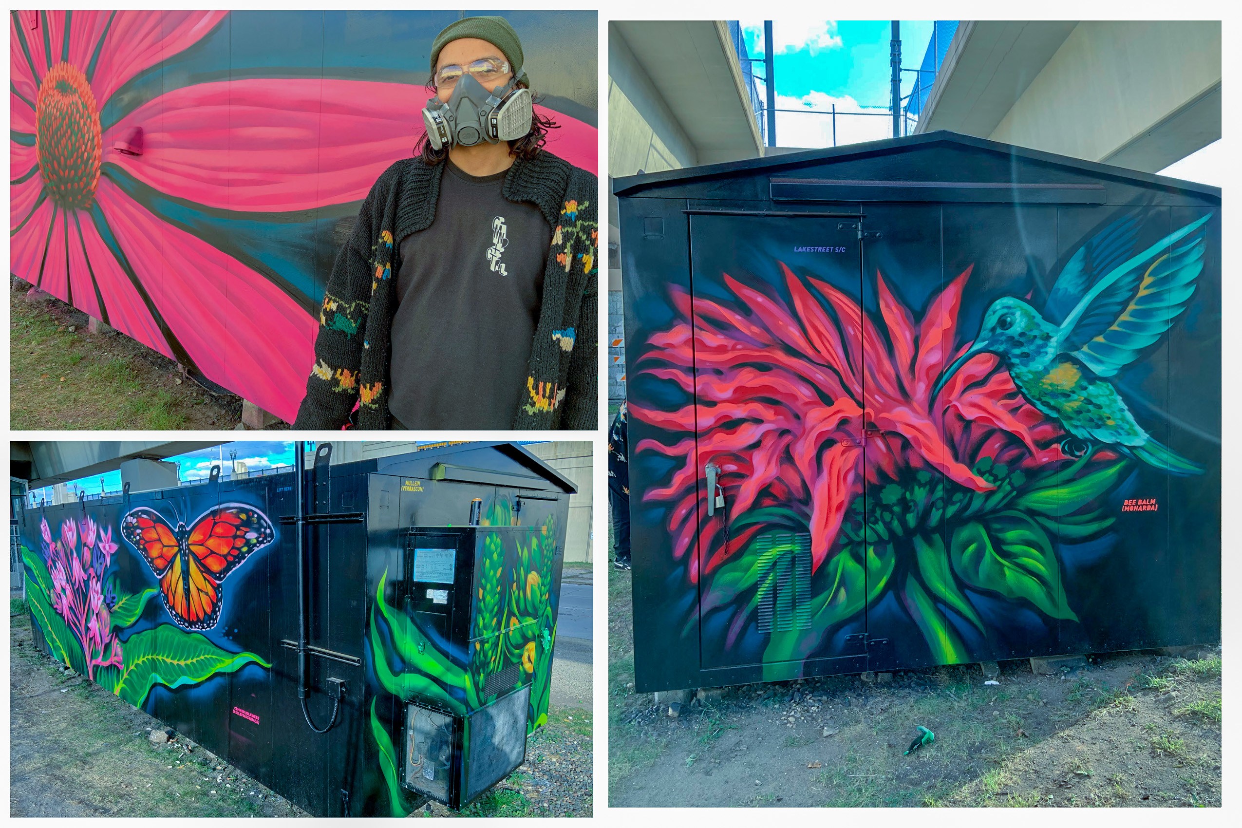 Andres Guzman with his mural at the Lake Street Station. 