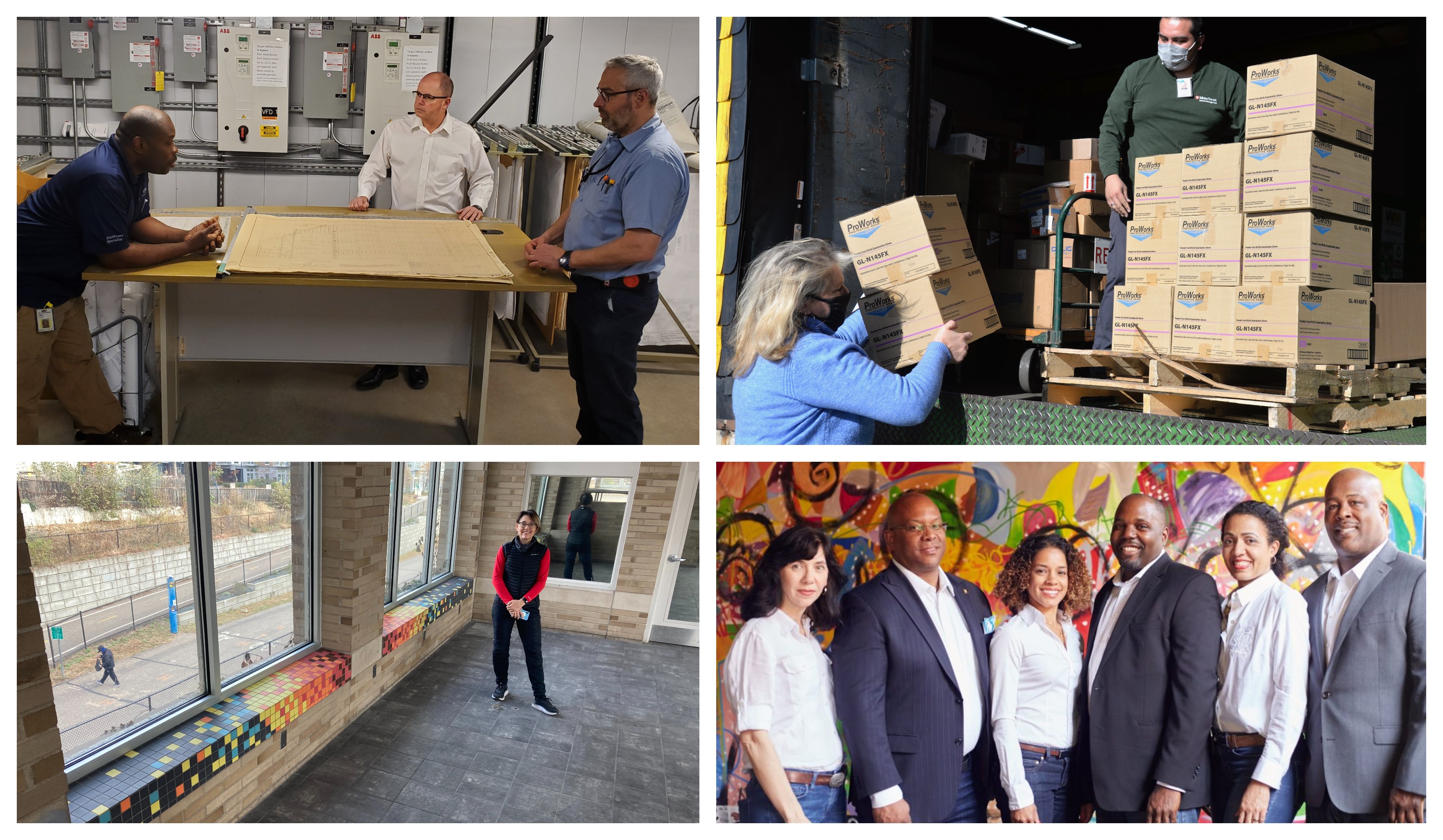 ​Clockwise from top left: KMS Airduct Cleaning owner Ken McCraley visits with Facilities Maintenance staff; Katherine Howard delivers packages of gloves to Metro Transit’s Overhaul Base on Monday, Nov. 2; staff from St. Paul-based 4RM+ULA; Stacia Goodman at the Uptown Transit Station, where she recently installed tile mosaics. 