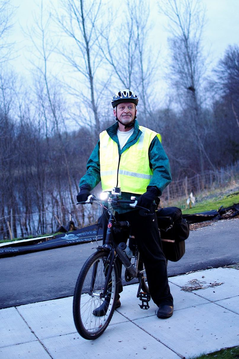 Mike Bastyr on his bike during his daily commute. 